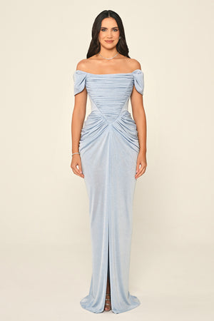 Dropped Sleeve Draped Front Slit Shimmer Fabric Long Dress