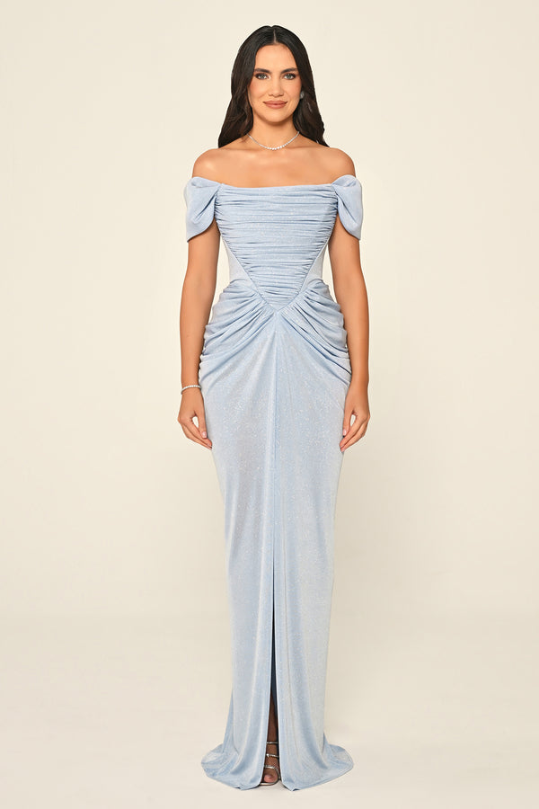 Dropped Sleeve Draped Front Slit Shimmer Fabric Long Dress