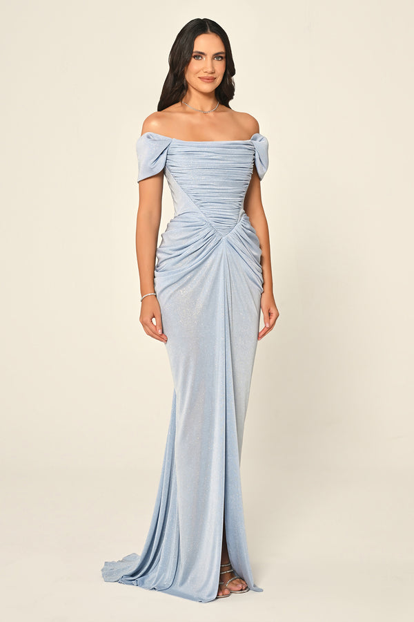 Dropped Sleeve Draped Front Slit Shimmer Fabric Long Dress