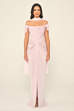 Dropped Sleeve Draped Front Slit Shimmer Fabric Long Dress