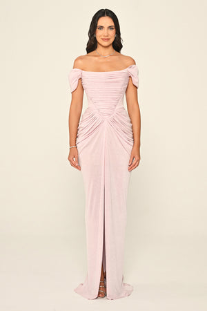 Dropped Sleeve Draped Front Slit Shimmer Fabric Long Dress