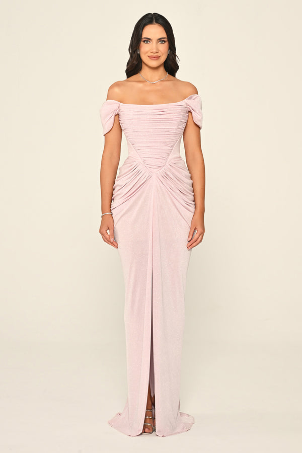 Dropped Sleeve Draped Front Slit Shimmer Fabric Long Dress
