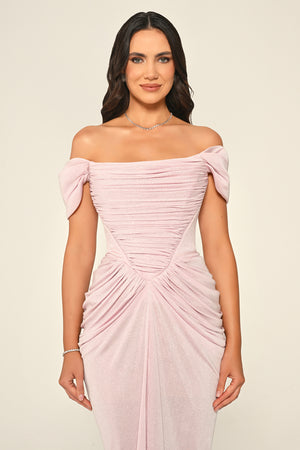 Dropped Sleeve Draped Front Slit Shimmer Fabric Long Dress