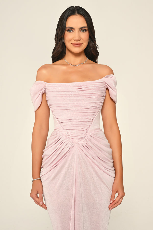 Dropped Sleeve Draped Front Slit Shimmer Fabric Long Dress