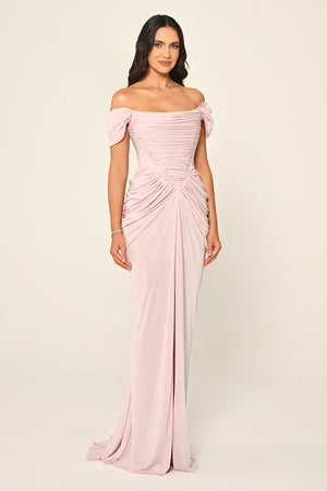 Dropped Sleeve Draped Front Slit Shimmer Fabric Long Dress