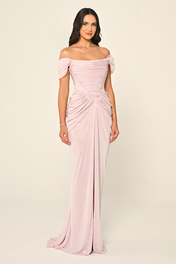 Dropped Sleeve Draped Front Slit Shimmer Fabric Long Dress