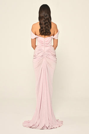 Dropped Sleeve Draped Front Slit Shimmer Fabric Long Dress