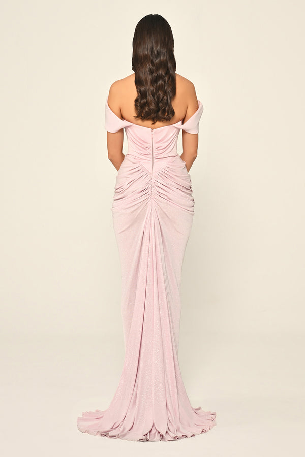 Dropped Sleeve Draped Front Slit Shimmer Fabric Long Dress