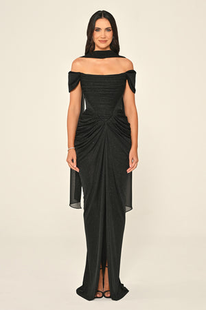Dropped Sleeve Draped Front Slit Shimmer Fabric Long Dress