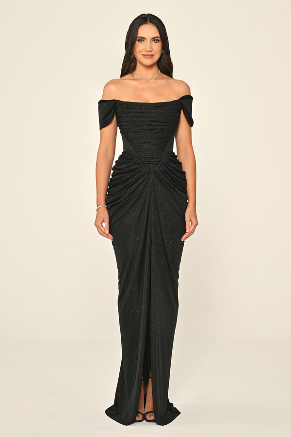 Dropped Sleeve Draped Front Slit Shimmer Fabric Long Dress