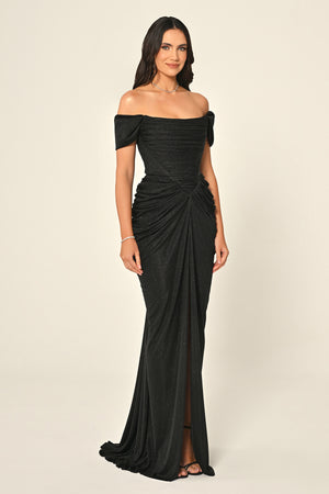 Dropped Sleeve Draped Front Slit Shimmer Fabric Long Dress