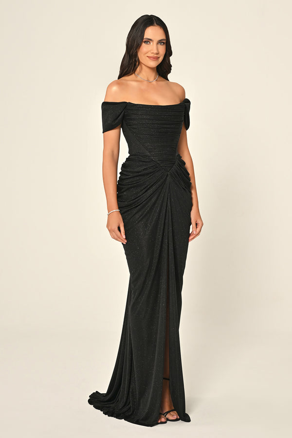 Dropped Sleeve Draped Front Slit Shimmer Fabric Long Dress