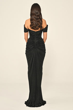 Dropped Sleeve Draped Front Slit Shimmer Fabric Long Dress