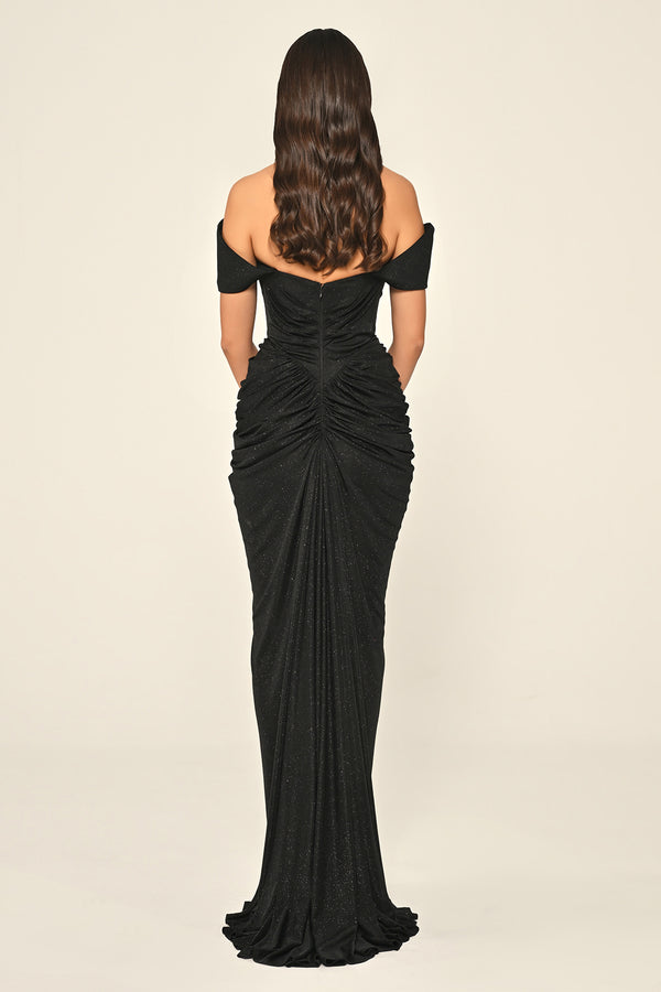 Dropped Sleeve Draped Front Slit Shimmer Fabric Long Dress