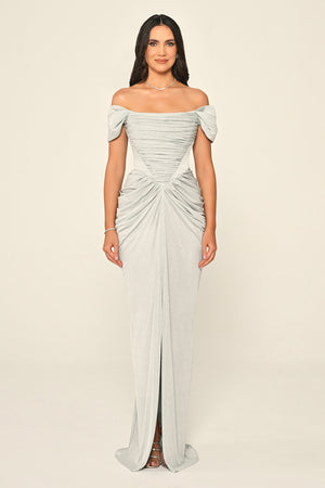 Dropped Sleeve Draped Front Slit Shimmer Fabric Long Dress