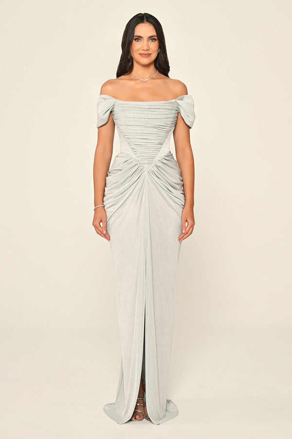 Dropped Sleeve Draped Front Slit Shimmer Fabric Long Dress