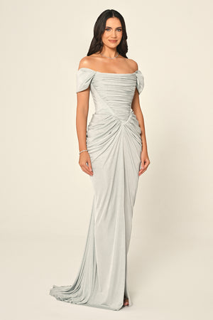 Dropped Sleeve Draped Front Slit Shimmer Fabric Long Dress