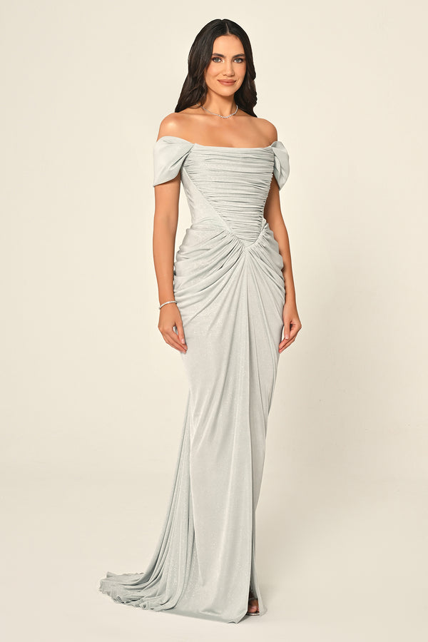 Dropped Sleeve Draped Front Slit Shimmer Fabric Long Dress