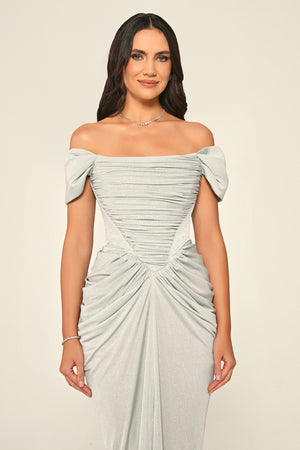 Dropped Sleeve Draped Front Slit Shimmer Fabric Long Dress