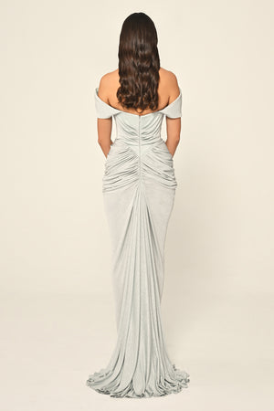 Dropped Sleeve Draped Front Slit Shimmer Fabric Long Dress