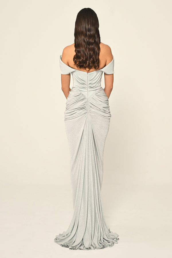 Dropped Sleeve Draped Front Slit Shimmer Fabric Long Dress