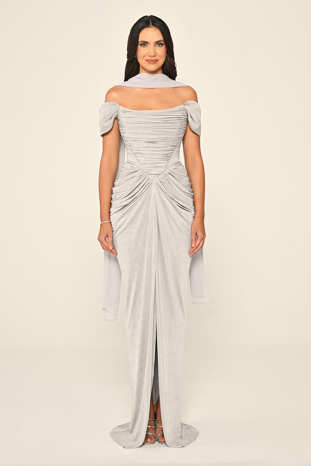 Dropped Sleeve Draped Front Slit Shimmer Fabric Long Dress