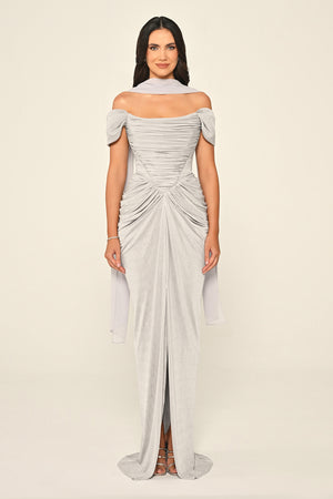 Dropped Sleeve Draped Front Slit Shimmer Fabric Long Dress