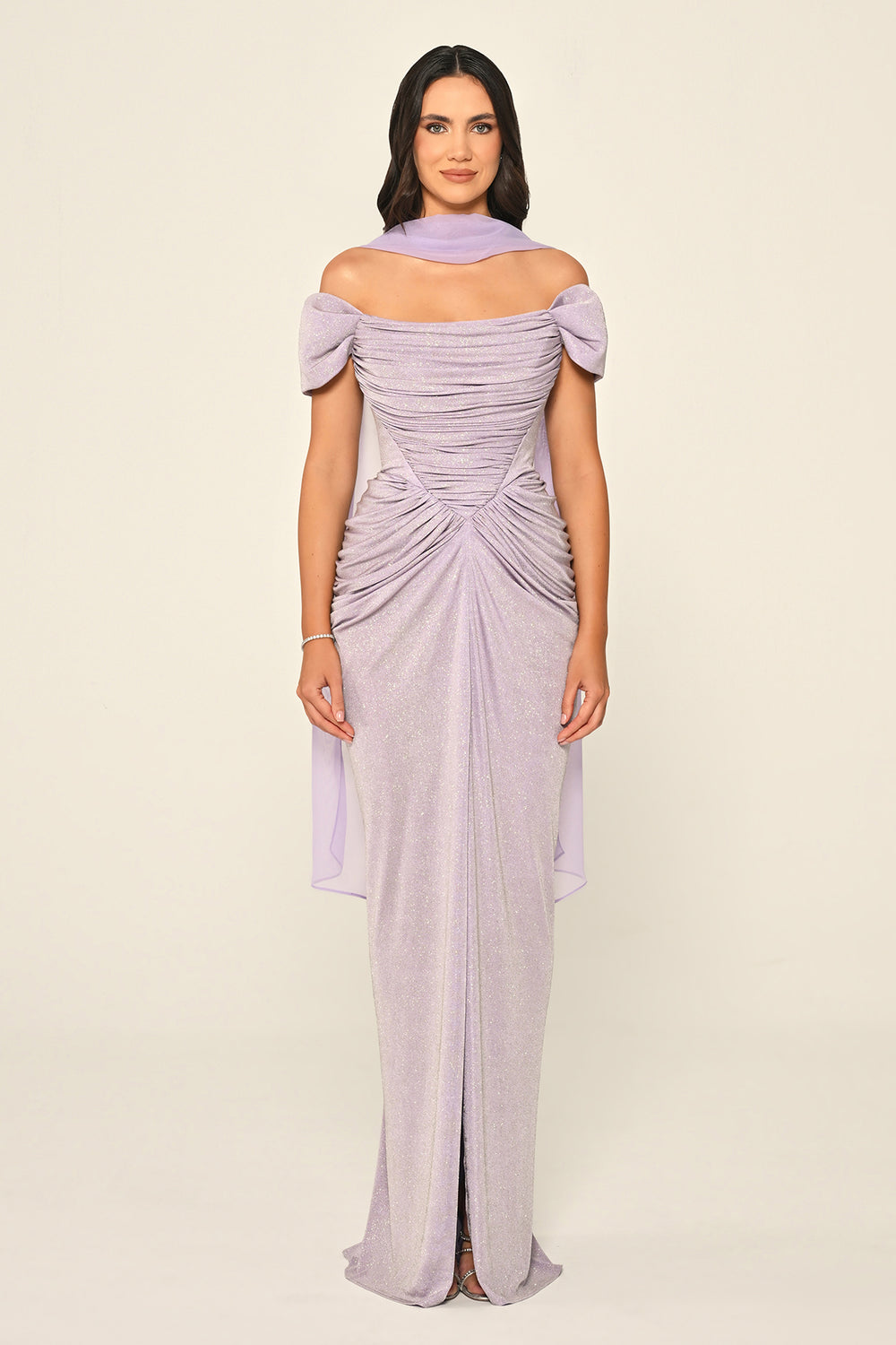 Dropped Sleeve Draped Front Slit Shimmer Fabric Long Dress