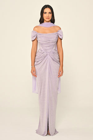Dropped Sleeve Draped Front Slit Shimmer Fabric Long Dress