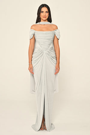 Dropped Sleeve Draped Front Slit Shimmer Fabric Long Dress