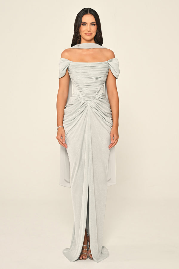 Dropped Sleeve Draped Front Slit Shimmer Fabric Long Dress