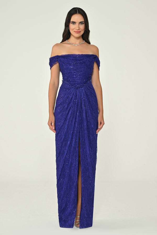 Low Shoulder Draped Shimmer Lace Long Dress