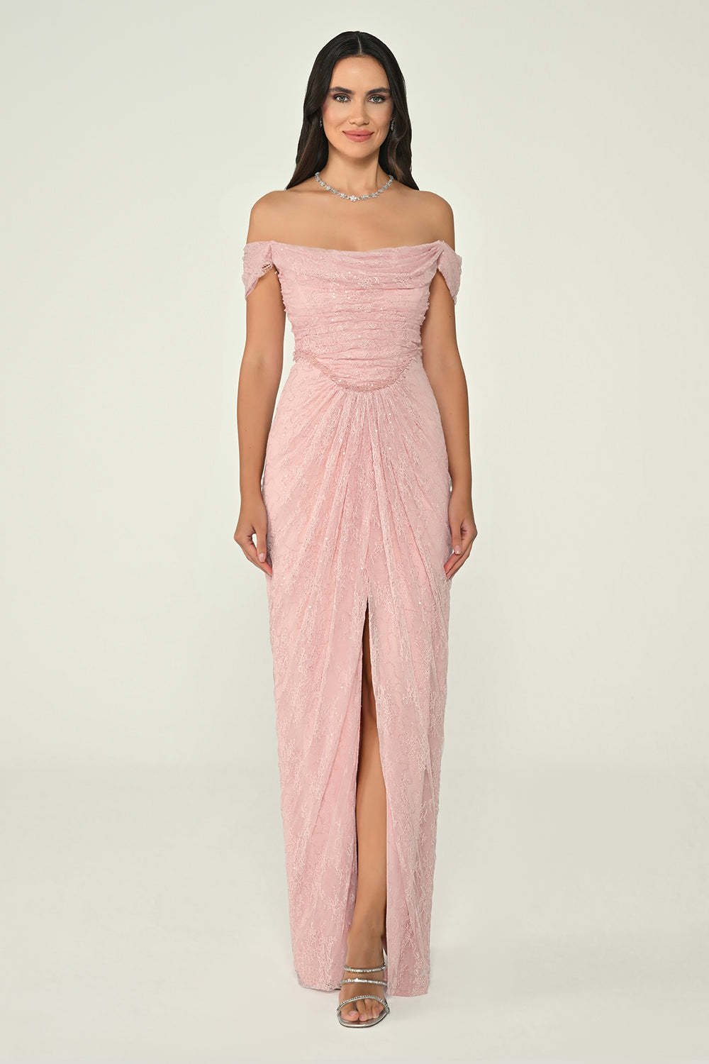 Low Shoulder Draped Shimmer Lace Long Dress