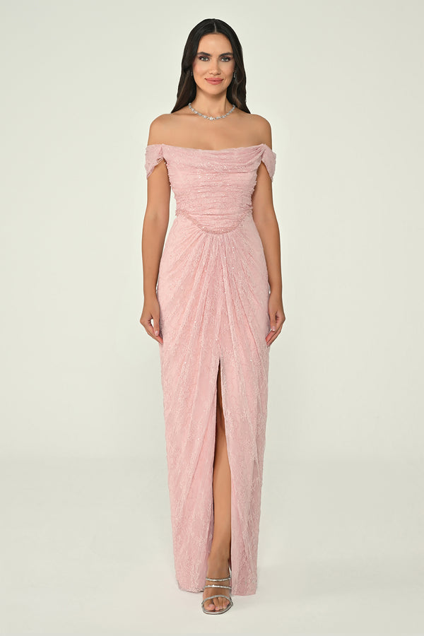 Low Shoulder Draped Shimmer Lace Long Dress