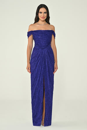 Low Shoulder Draped Shimmer Lace Long Dress