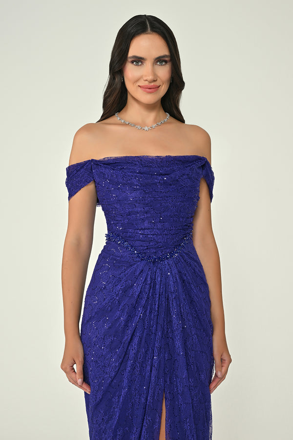 Low Shoulder Draped Shimmer Lace Long Dress