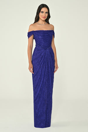 Low Shoulder Draped Shimmer Lace Long Dress