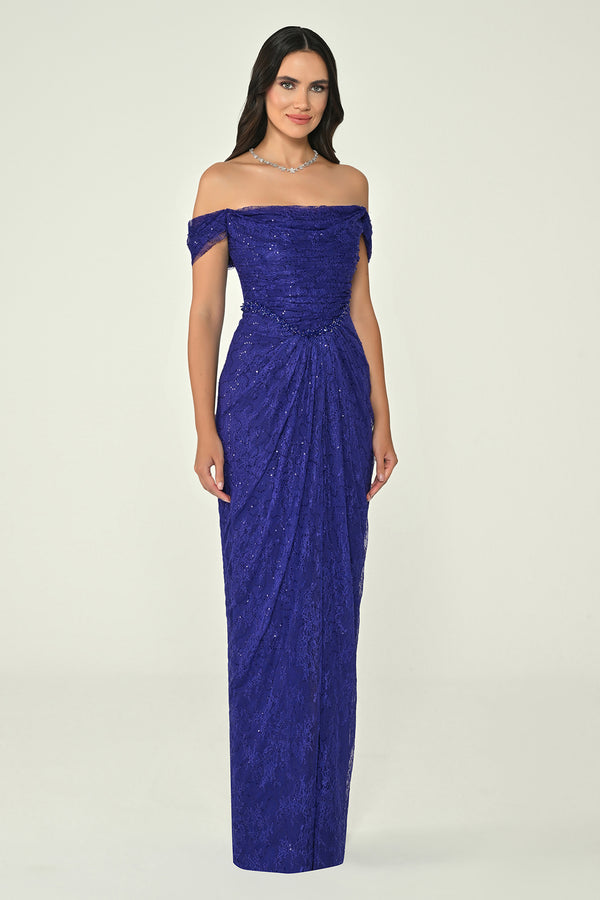 Low Shoulder Draped Shimmer Lace Long Dress
