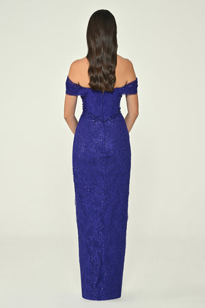 Low Shoulder Draped Shimmer Lace Long Dress