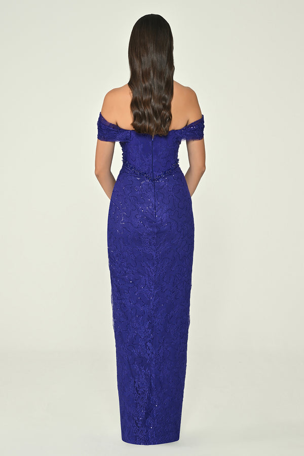 Low Shoulder Draped Shimmer Lace Long Dress