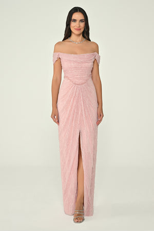Low Shoulder Draped Shimmer Lace Long Dress