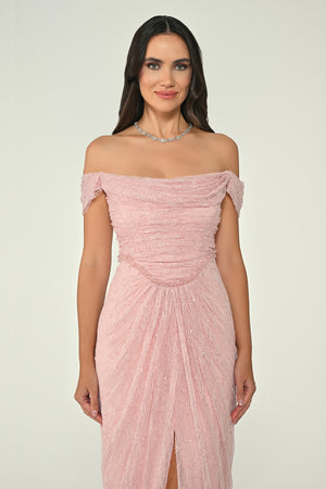 Low Shoulder Draped Shimmer Lace Long Dress