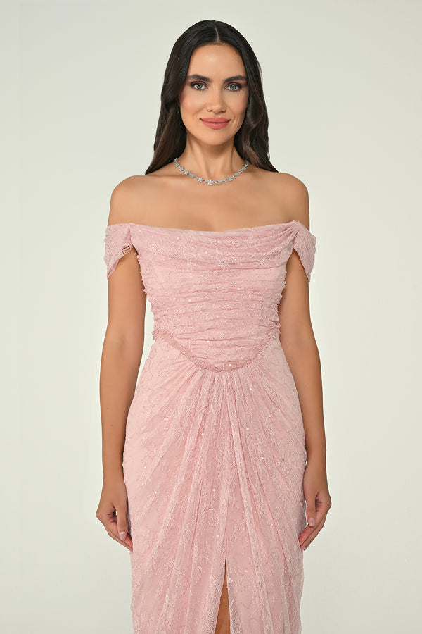 Low Shoulder Draped Shimmer Lace Long Dress