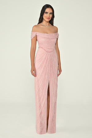 Low Shoulder Draped Shimmer Lace Long Dress