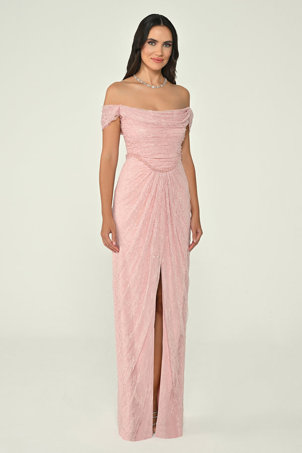 Low Shoulder Draped Shimmer Lace Long Dress