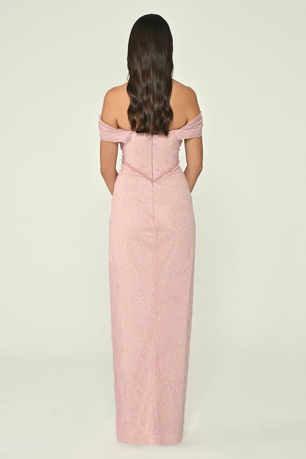 Low Shoulder Draped Shimmer Lace Long Dress