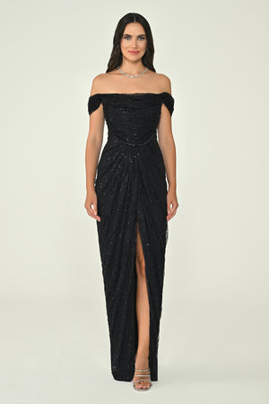 Low Shoulder Draped Shimmer Lace Long Dress
