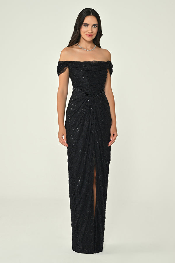Low Shoulder Draped Shimmer Lace Long Dress