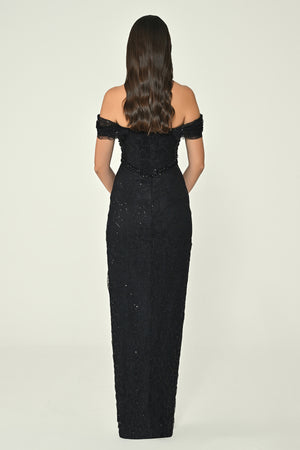 Low Shoulder Draped Shimmer Lace Long Dress