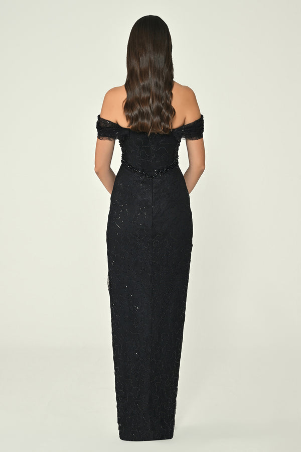 Low Shoulder Draped Shimmer Lace Long Dress